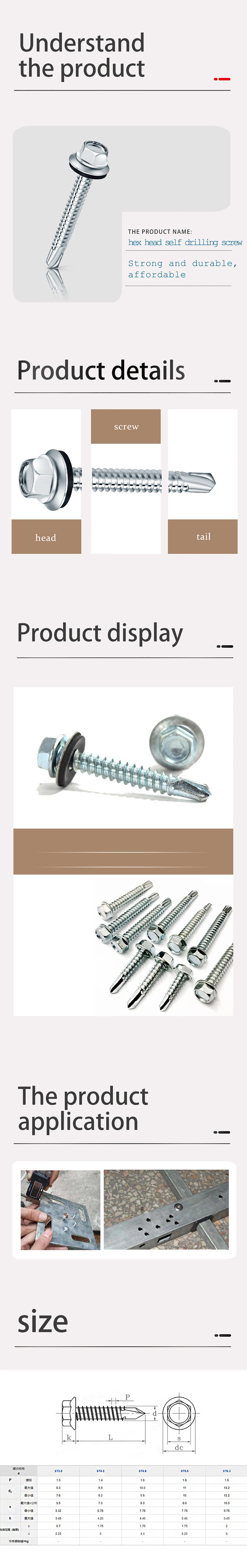 Hex Wafer Head Roofing Screws Self Drilling Screw Size with EPDM Bonded Rubber Washer